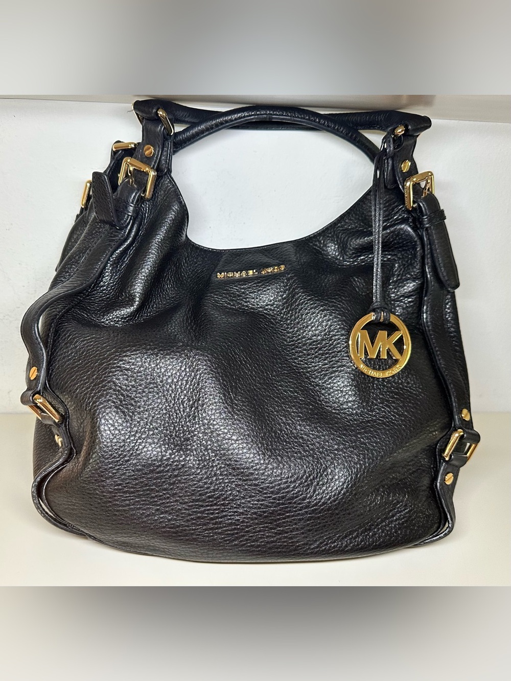 Michael Kors Black Pebbled Leather Shoulder Bag with Gold Accents